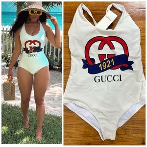 Vintage Gucci Sparkling Jersey one-piece 1921 Logo Printed Swimsuit